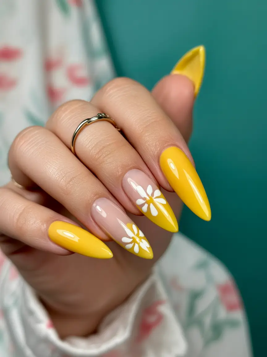 yellow nail designs 2026 yellow nails almond flower design