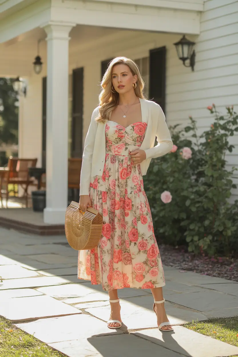 best classy spring outfits 2026 floral dress cardigan