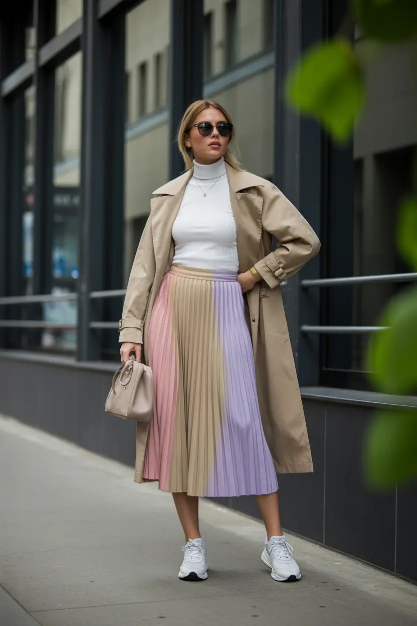 best classy spring outfits 2026 pleated skirt layers