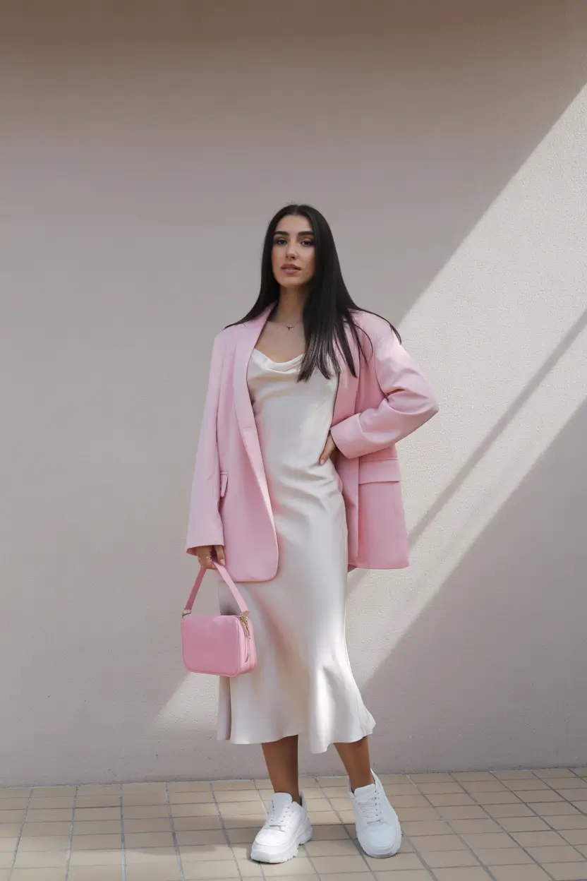 best classy spring outfits 2026 pastel blazer slip dress