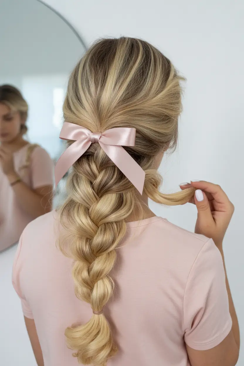 casual spring hairstyles 2026 Classic Low Braid with Ribbon Accent