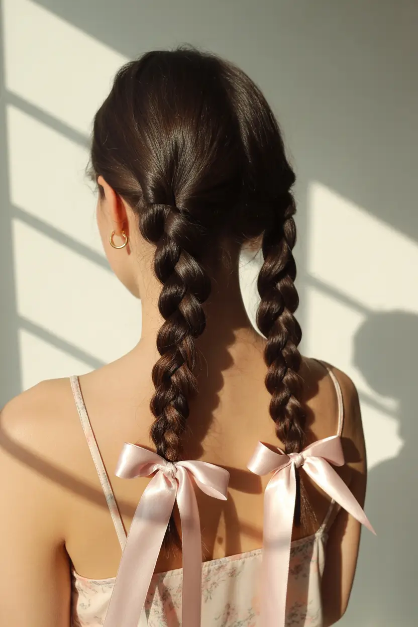 casual spring hairstyles 2026 Classic Double Braids with Soft Ribbon Finish