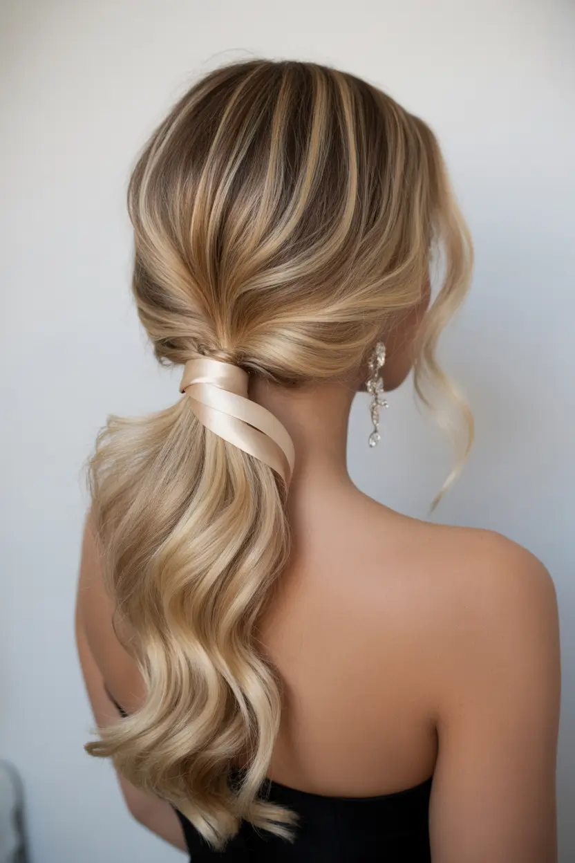 casual spring hairstyles 2026 Low Ponytail with Ribbon and Soft Waves