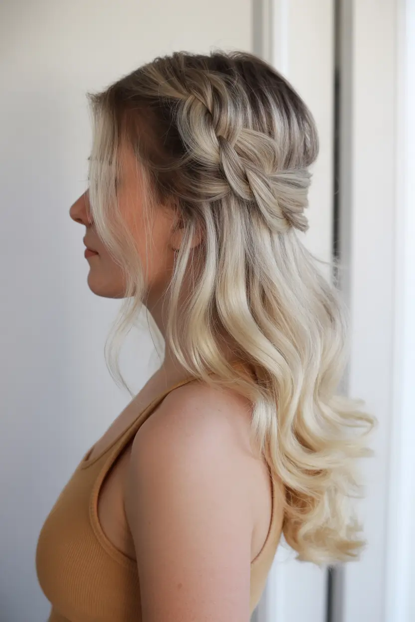 casual spring hairstyles 2026 Half Up Braided Crown with Soft Waves