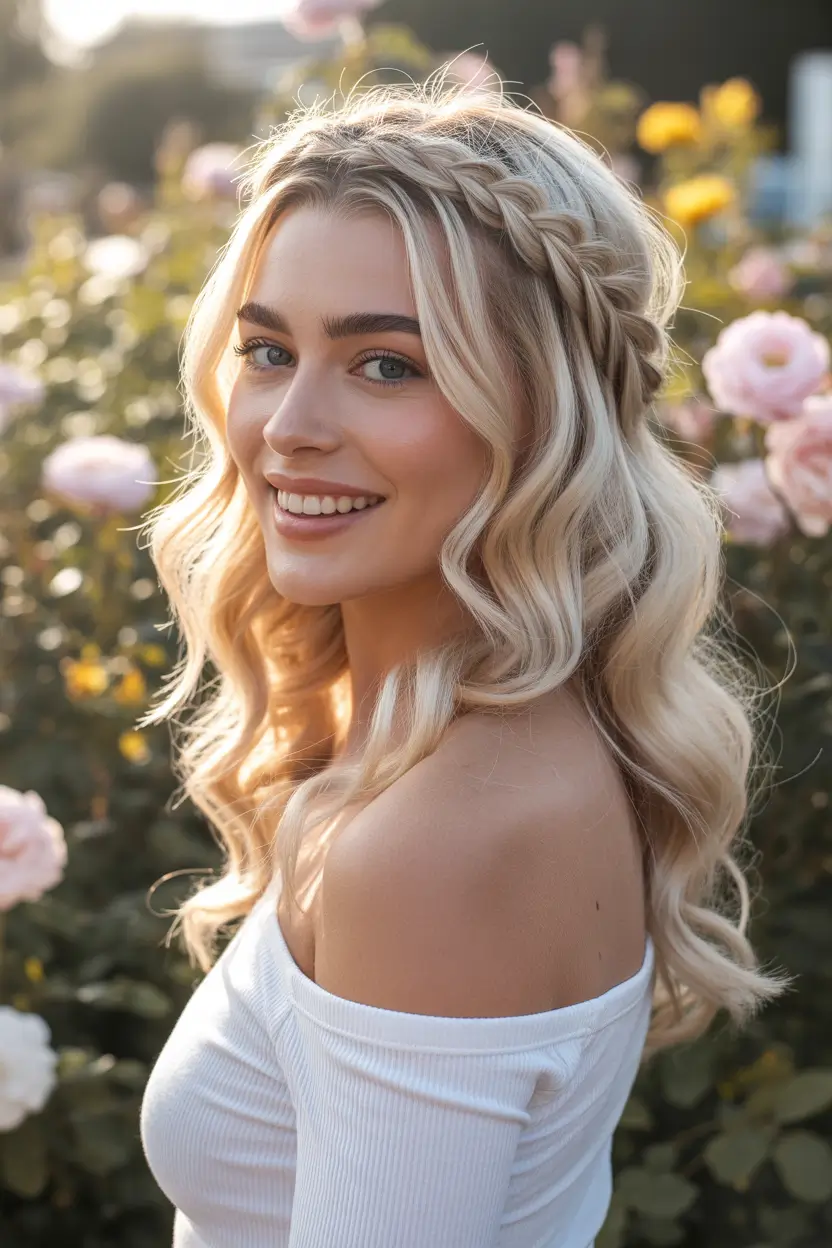 casual spring hairstyles 2026 Romantic Braided Waves with Floral Energy