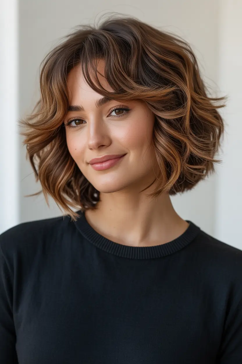 spring bob haircut with bangs Textured Brunette Bob With Curtain Bangs