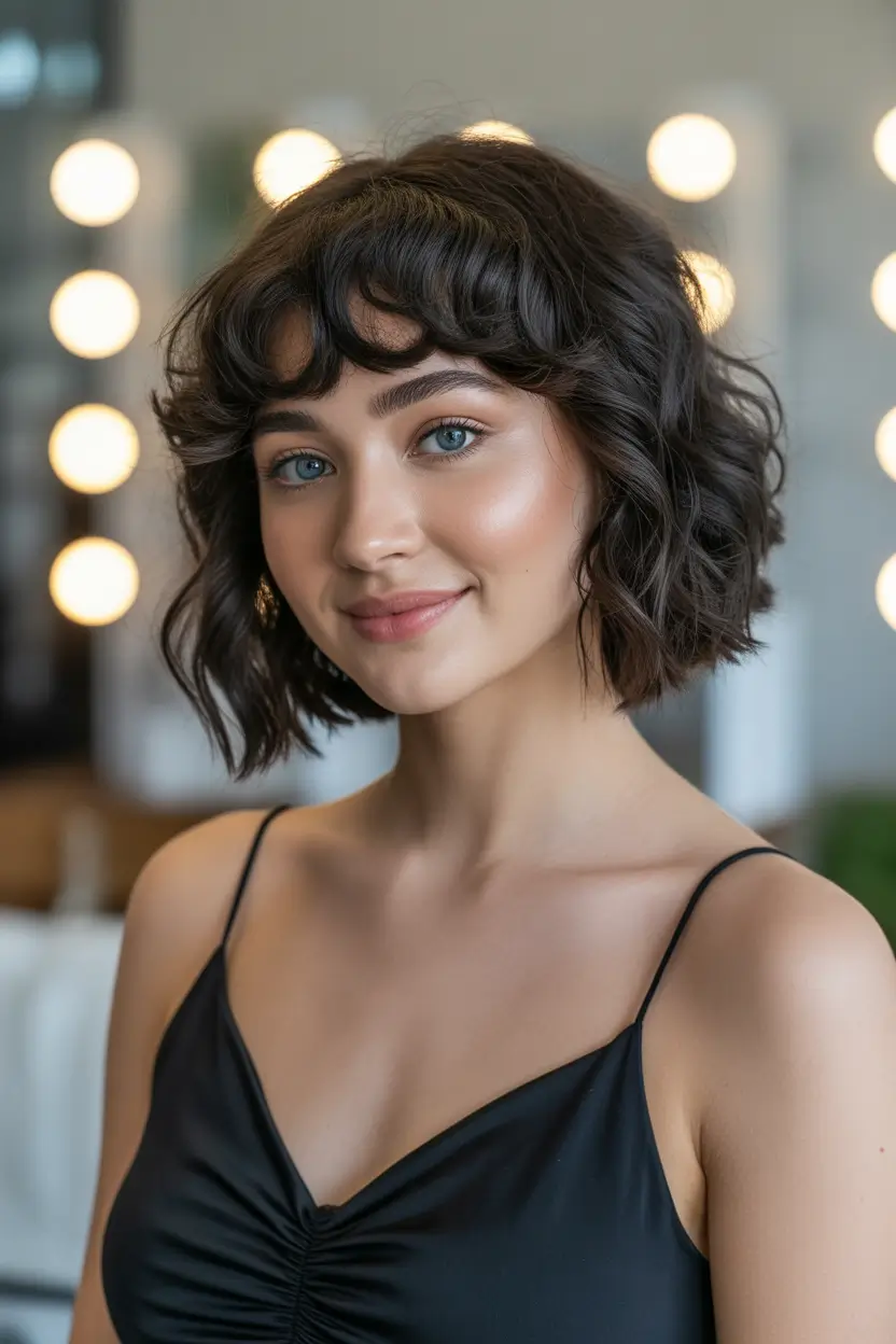 spring bob haircut with bangs Curly French Inspired Bob With Short Fringe