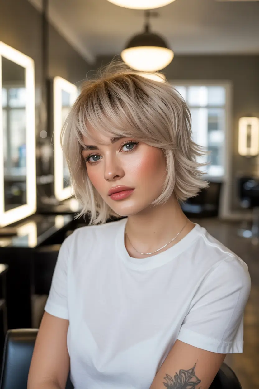 spring bob haircut with bangs Modern Silver Bob With Textured Bangs
