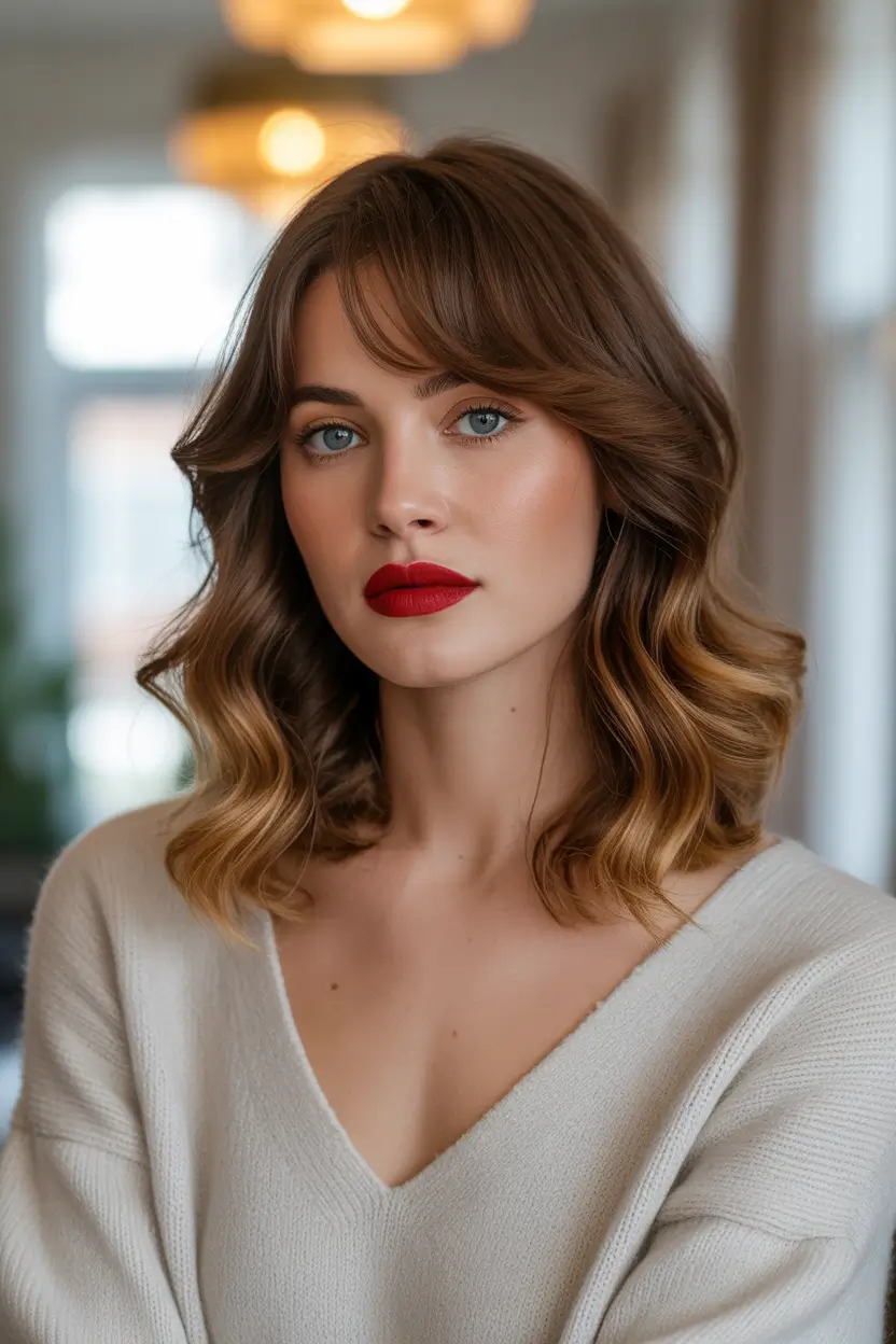 spring bob haircut with bangs Soft Brunette Lob With Blended Bangs