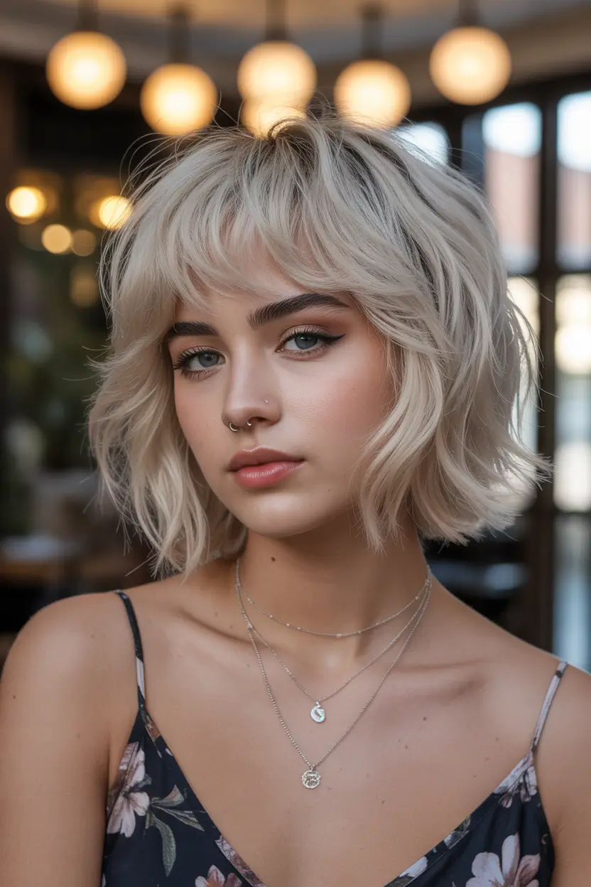 spring bob haircut with bangs Shaggy Platinum Bob With Textured Bangs