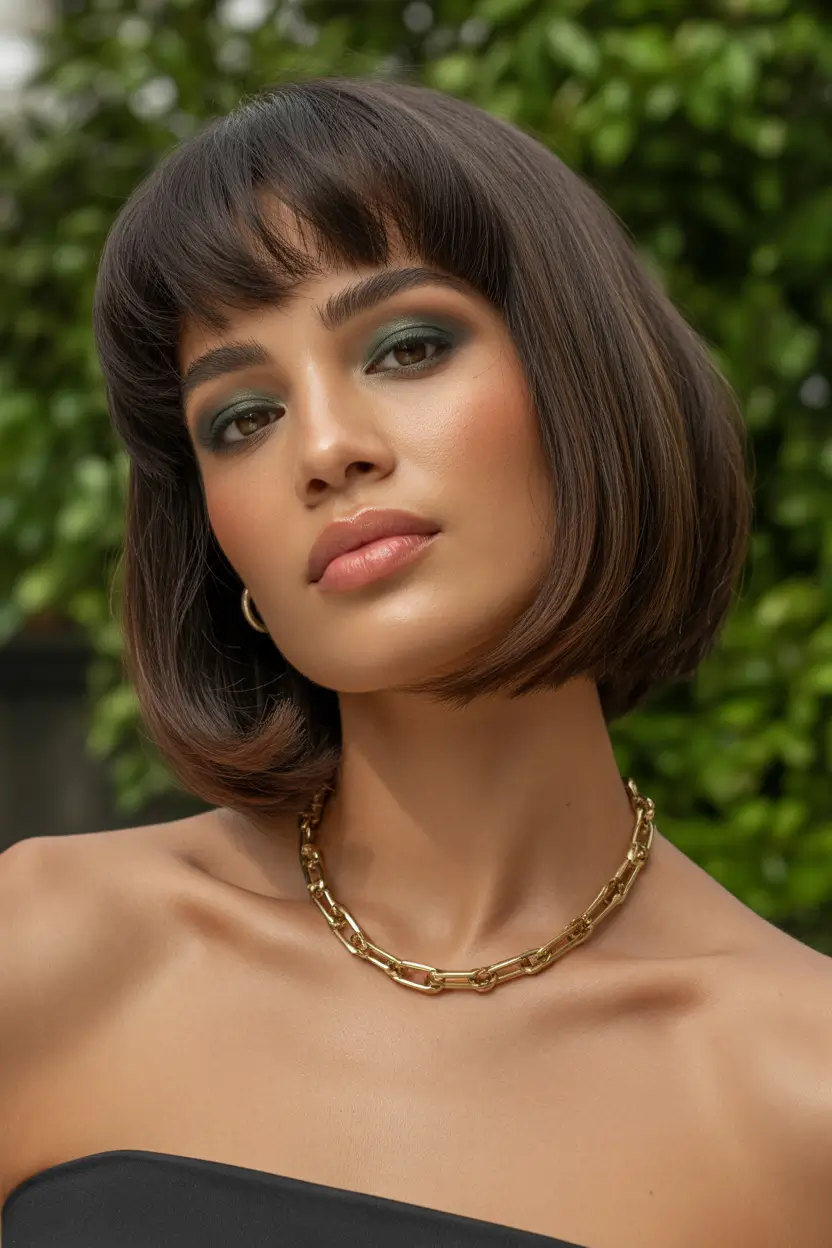 spring bob haircut with bangs Polished Dark Bob With Rounded Bangs