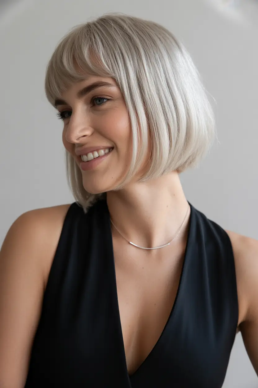 spring Haircuts for Women Over 50 Short Bob With Soft Fringe And Silver Blonde Tone