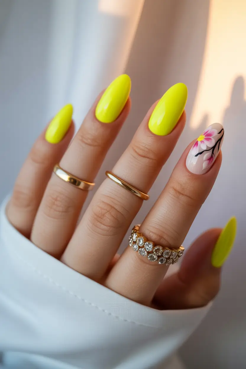 cute spring long nails 2026 neon yellow floral accent