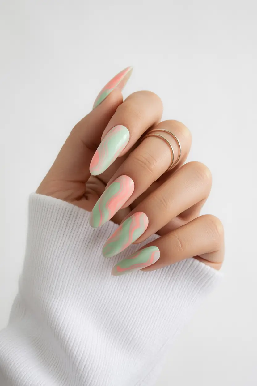 cute spring nails 2026 soft mint blush waves almond