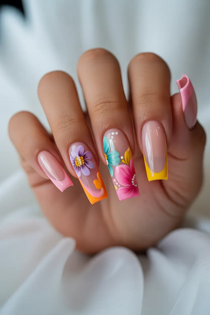 cute spring long nails 2026 coffin floral design