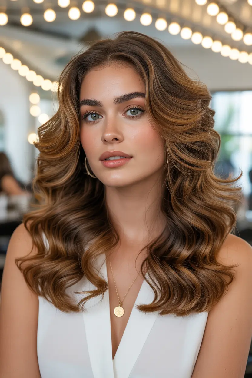 dreamy spring hair color trends 2026 Polished Chestnut Waves With Volume