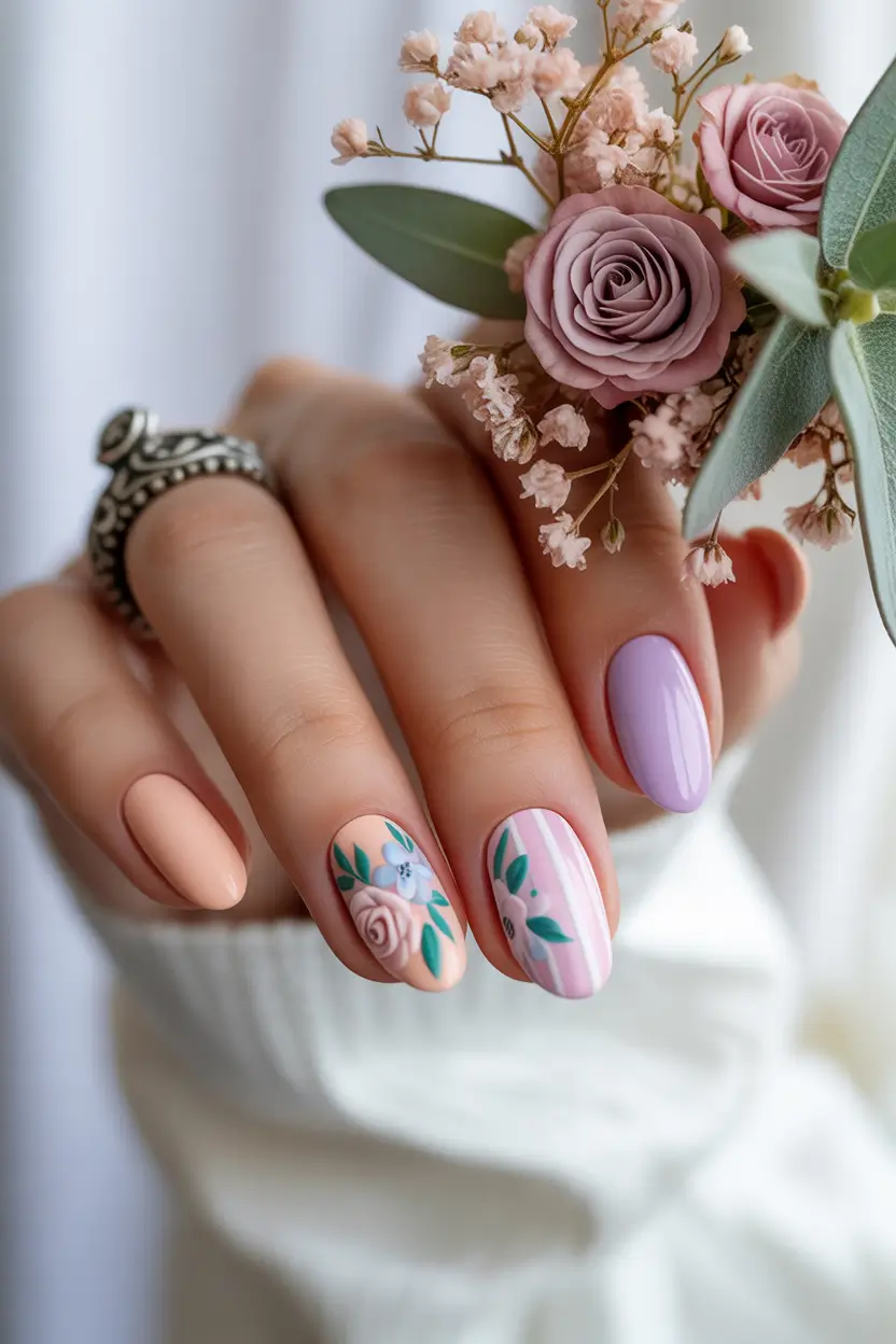 earthy spring nail design 2026 soft florals