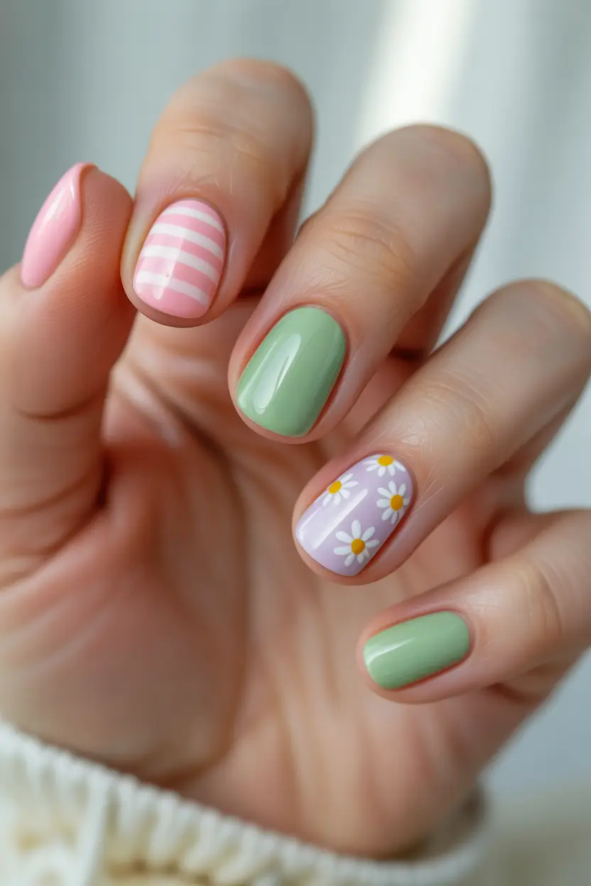 earthy spring nail design 2026 mixed pastels short