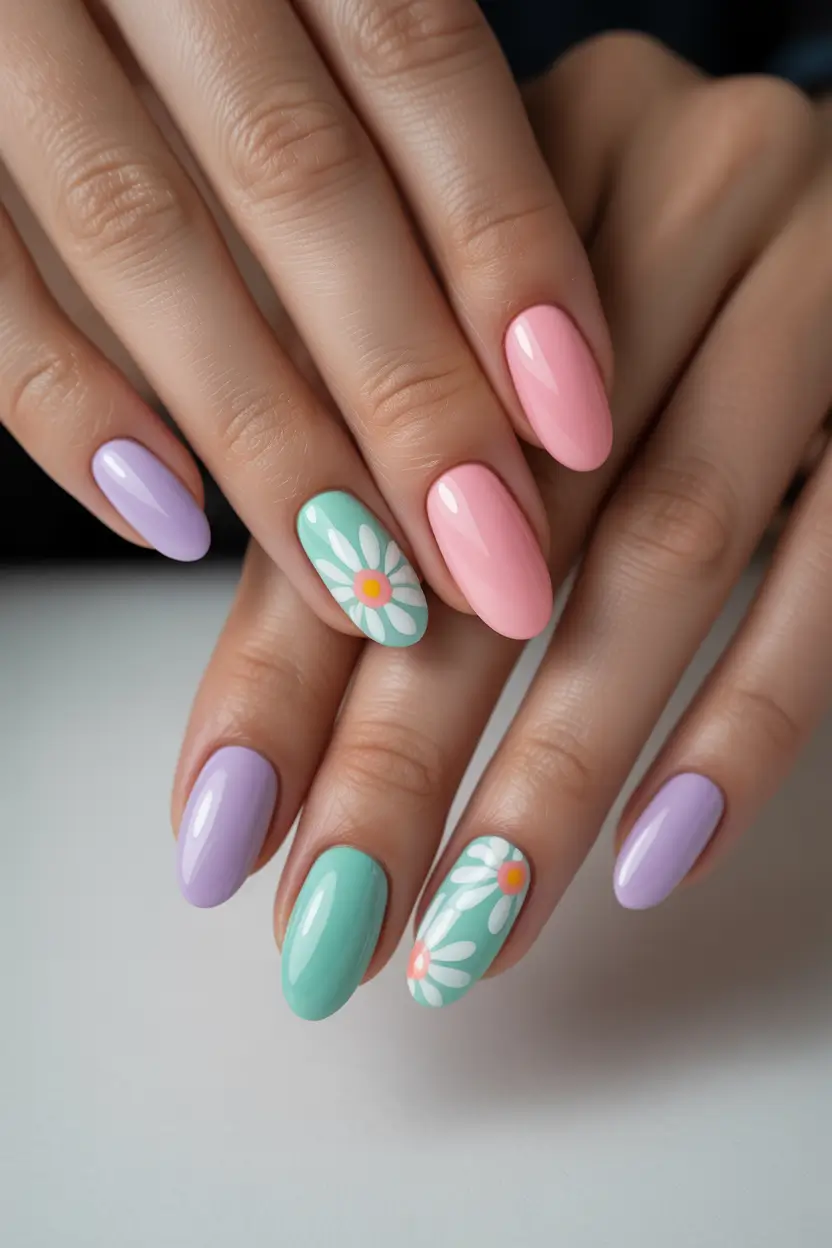 earthy spring nail design 2026 pastel daisy almond