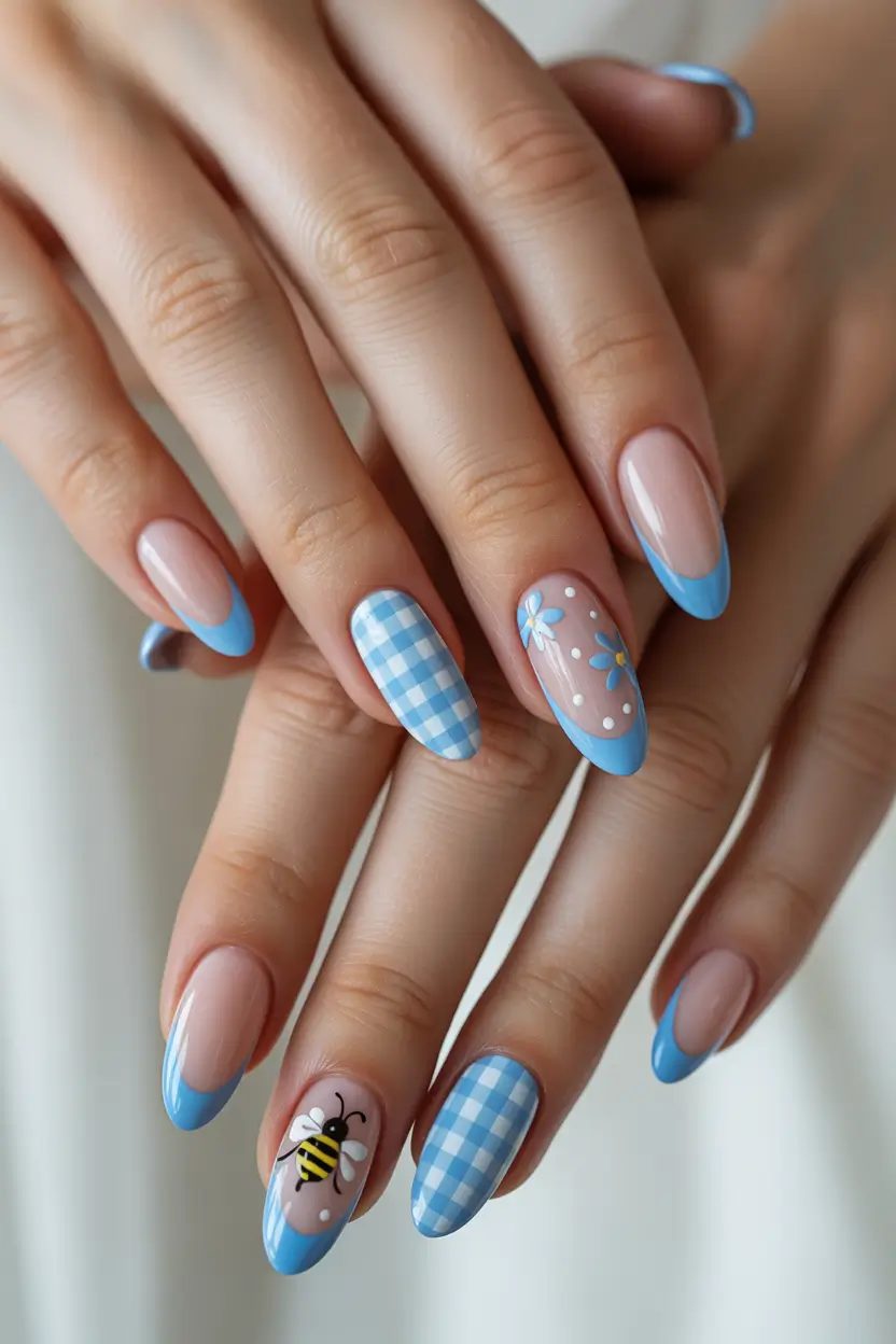 earthy spring nail design 2026 blue gingham
