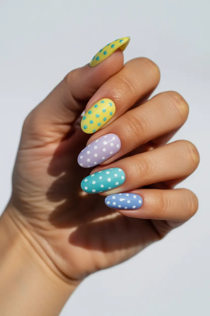 earthy spring nail design 2026 pastel polka dots