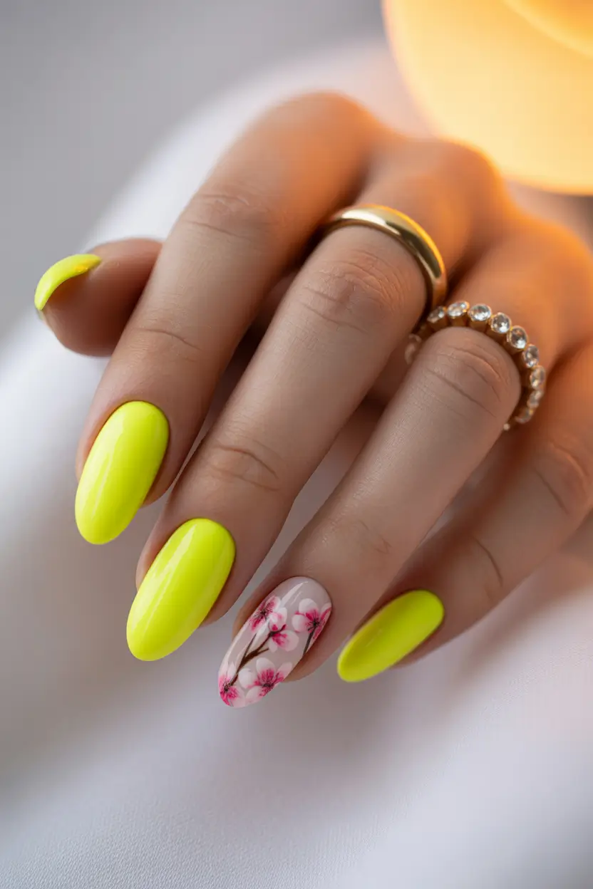 earthy spring nail design 2026 green floral accent