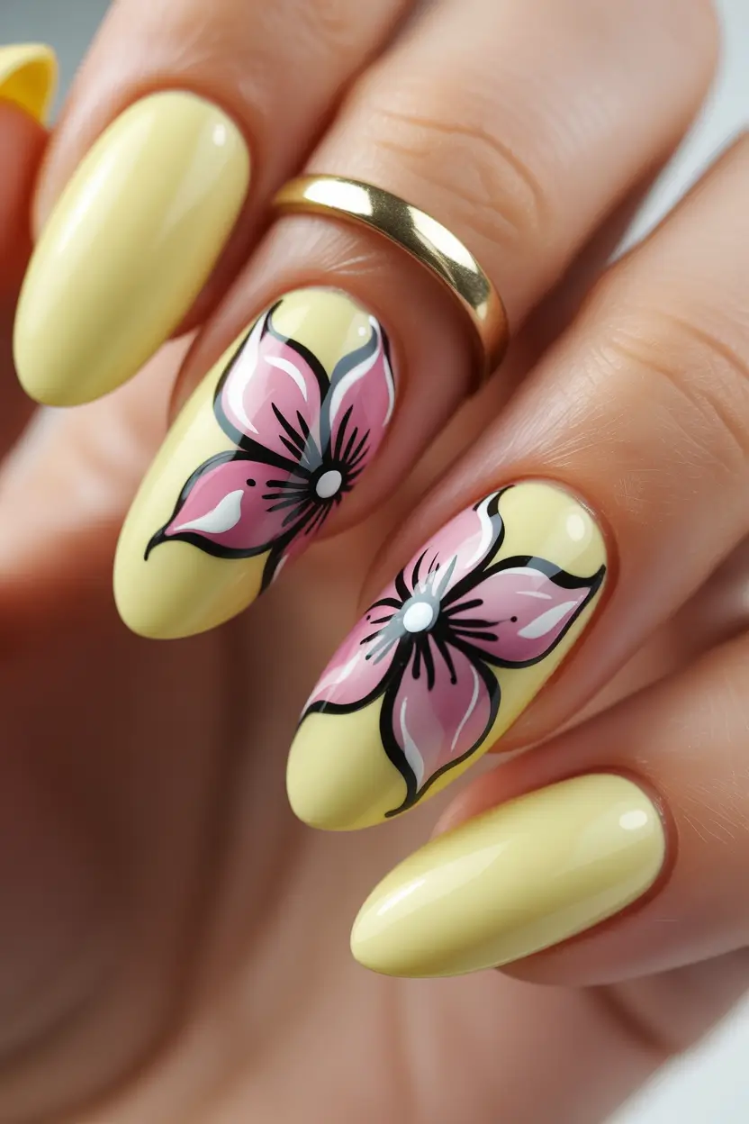 earthy spring nail design 2026 yellow floral almond