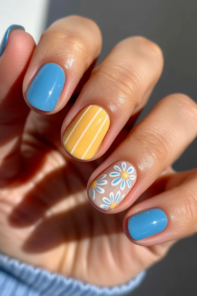 earthy spring nail design 2026 blue yellow short