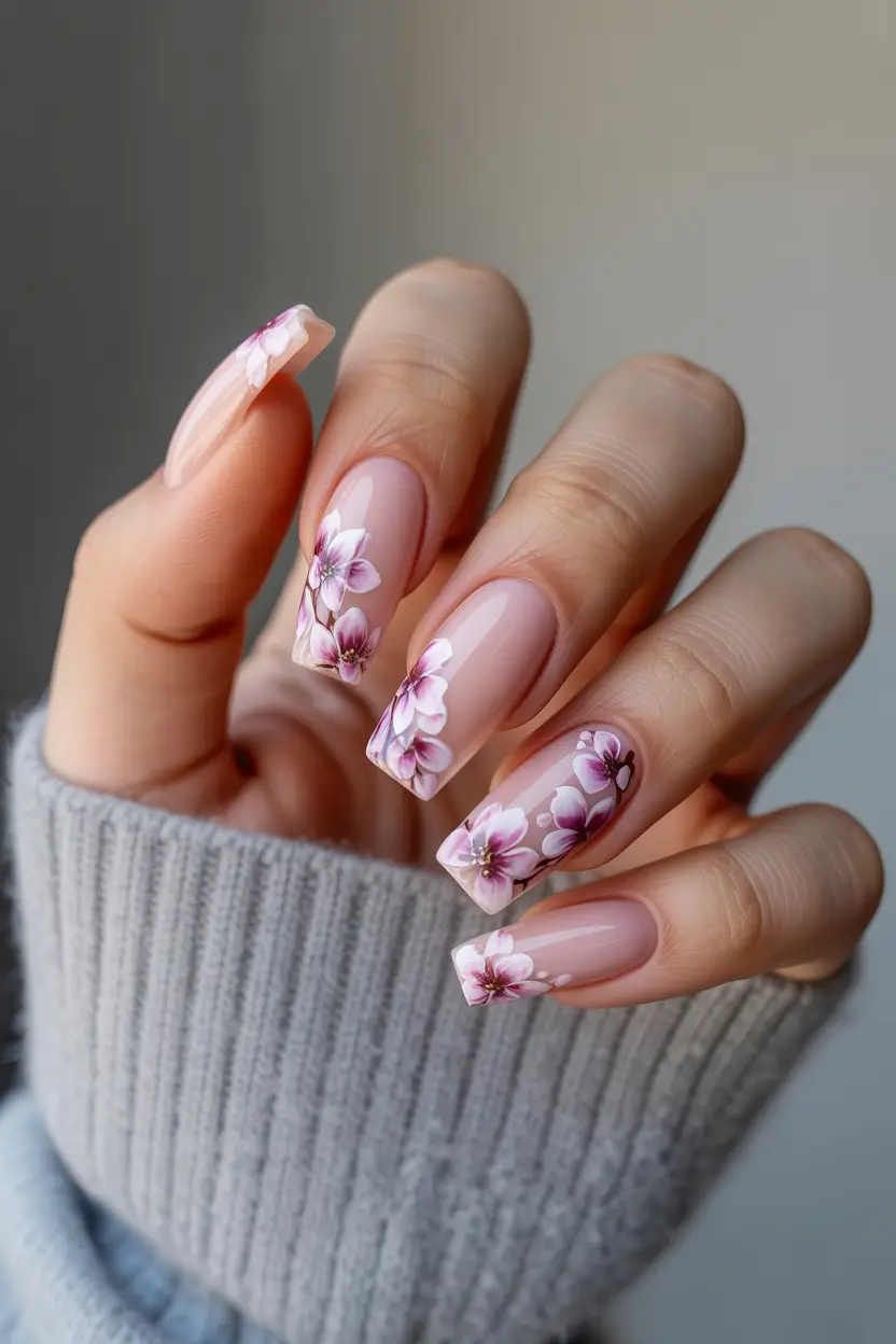earthy spring nail design 2026 soft floral square