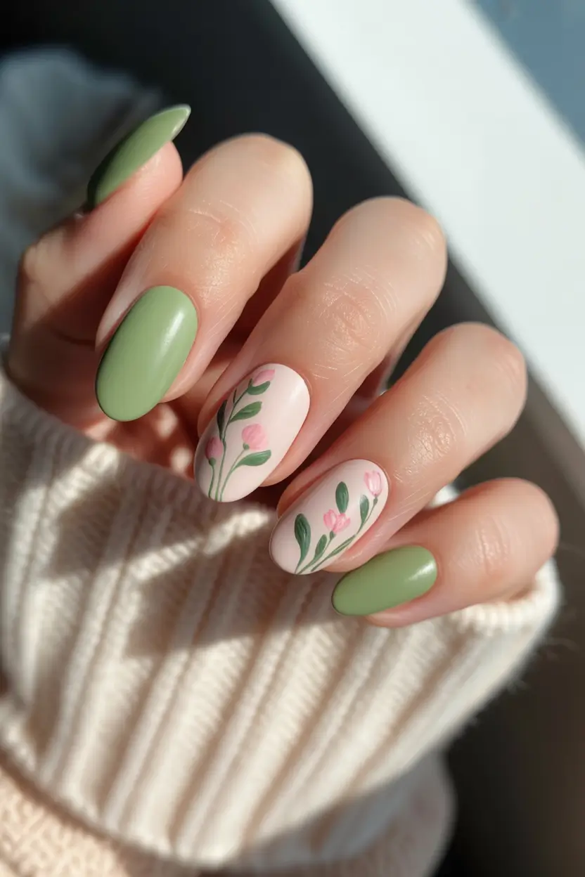 earthy spring nail design 2026 green minimal floral