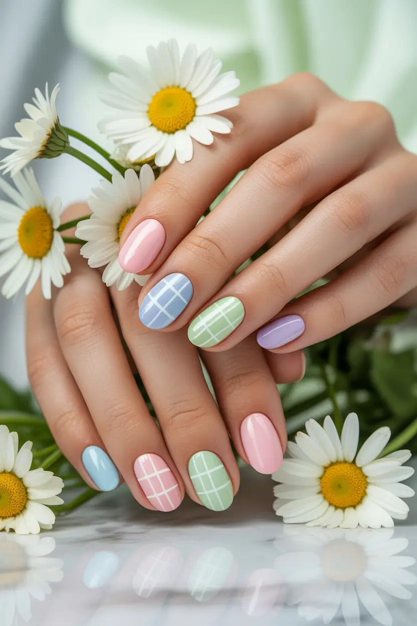 earthy spring nail design 2026 pastel grid