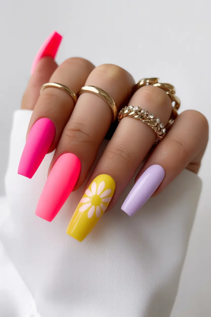 earthy spring nail design 2026 neon pastel coffin