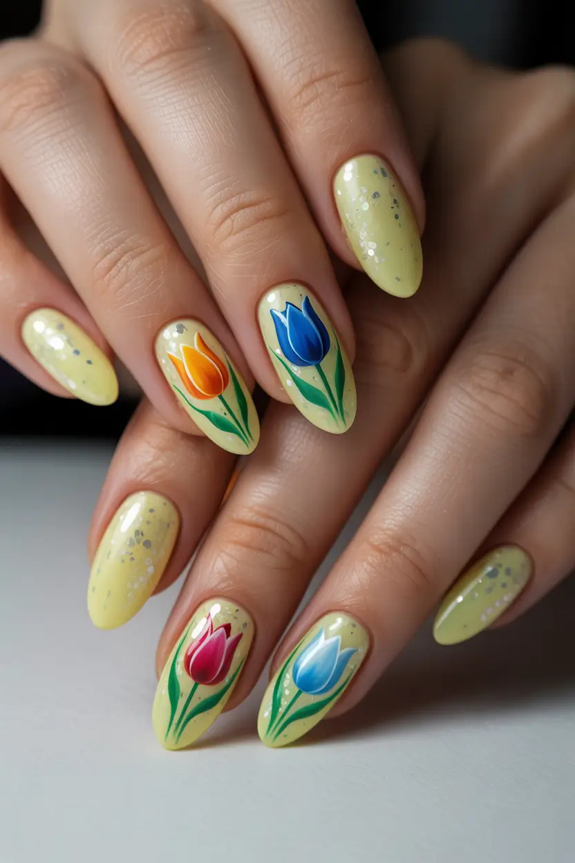 earthy spring nail design 2026 tulip yellow