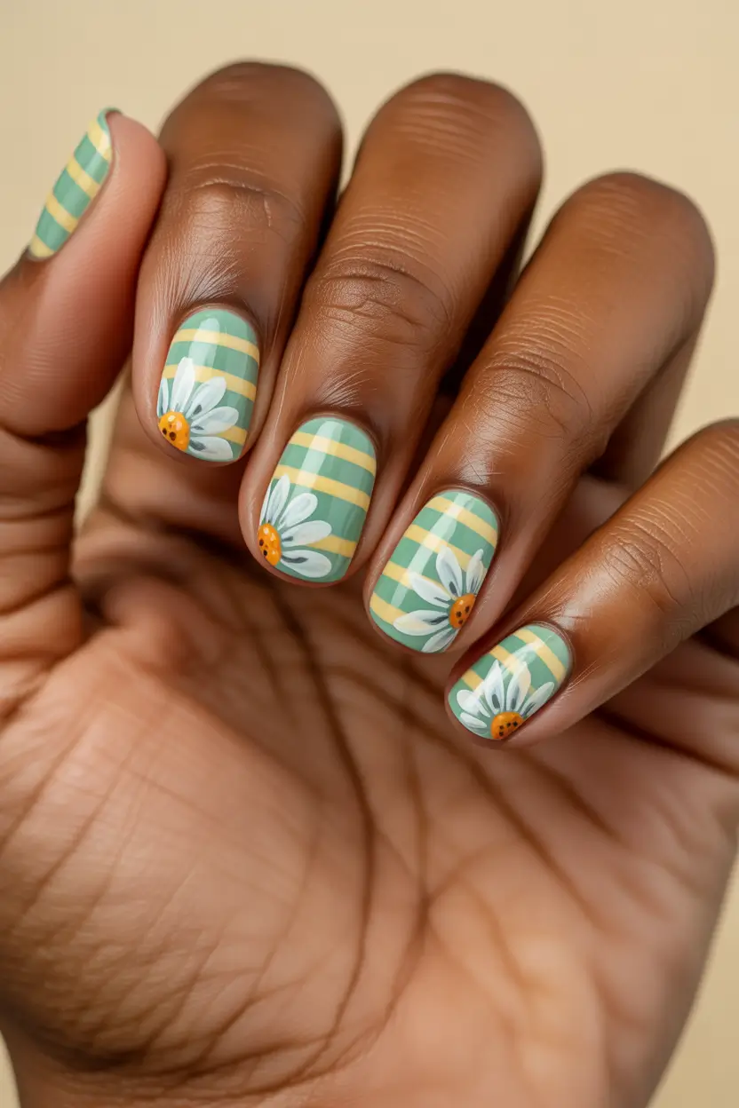 earthy spring nail design 2026 green daisy short