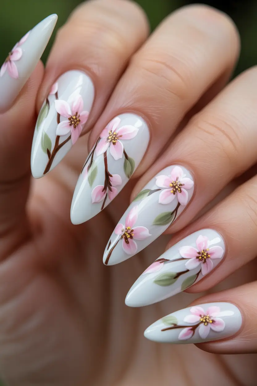 earthy spring nail design 2026 cherry blossom almond