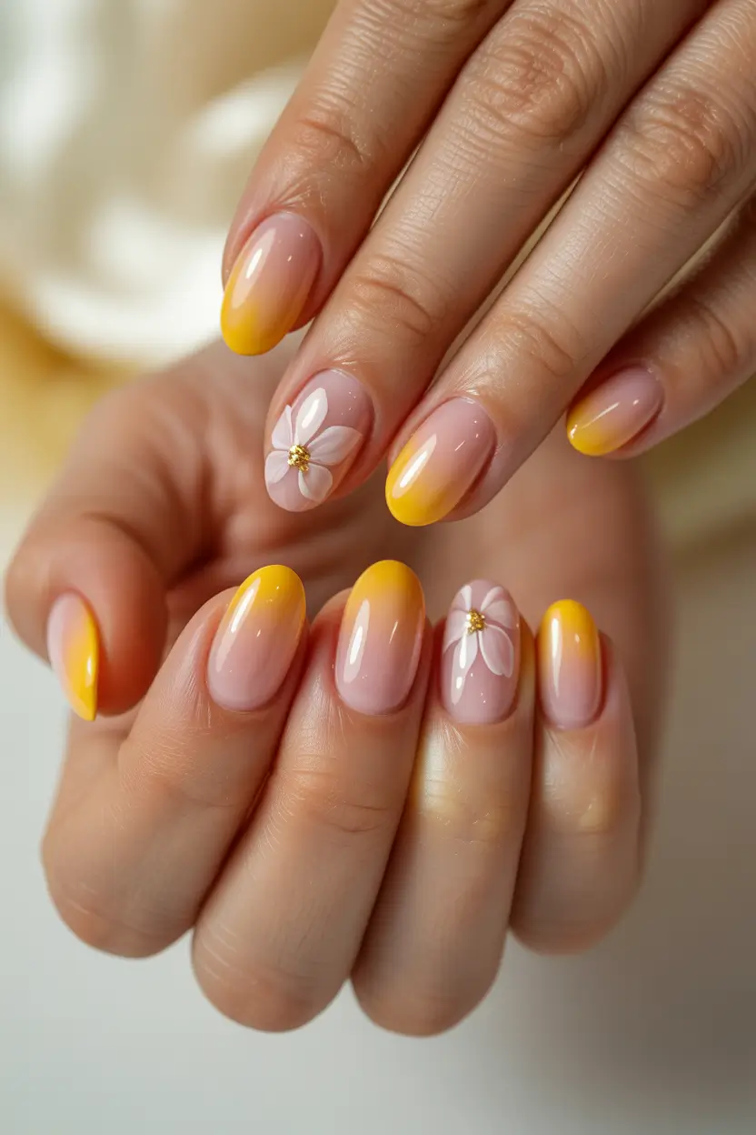 earthy spring nail inspo 2026 Warm yellow gradients with floral spring accents