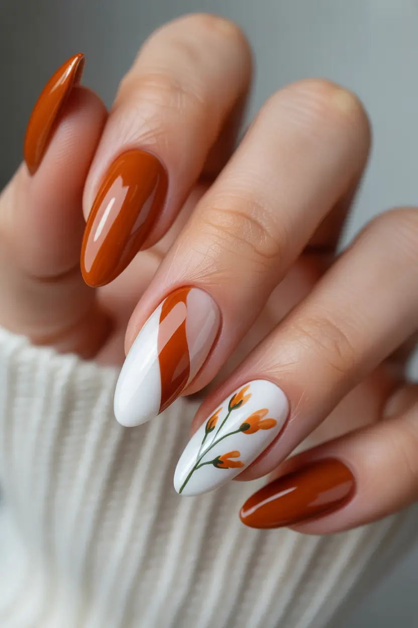 earthy spring nail inspo 2026 Warm terracotta florals with a grounded spring feel