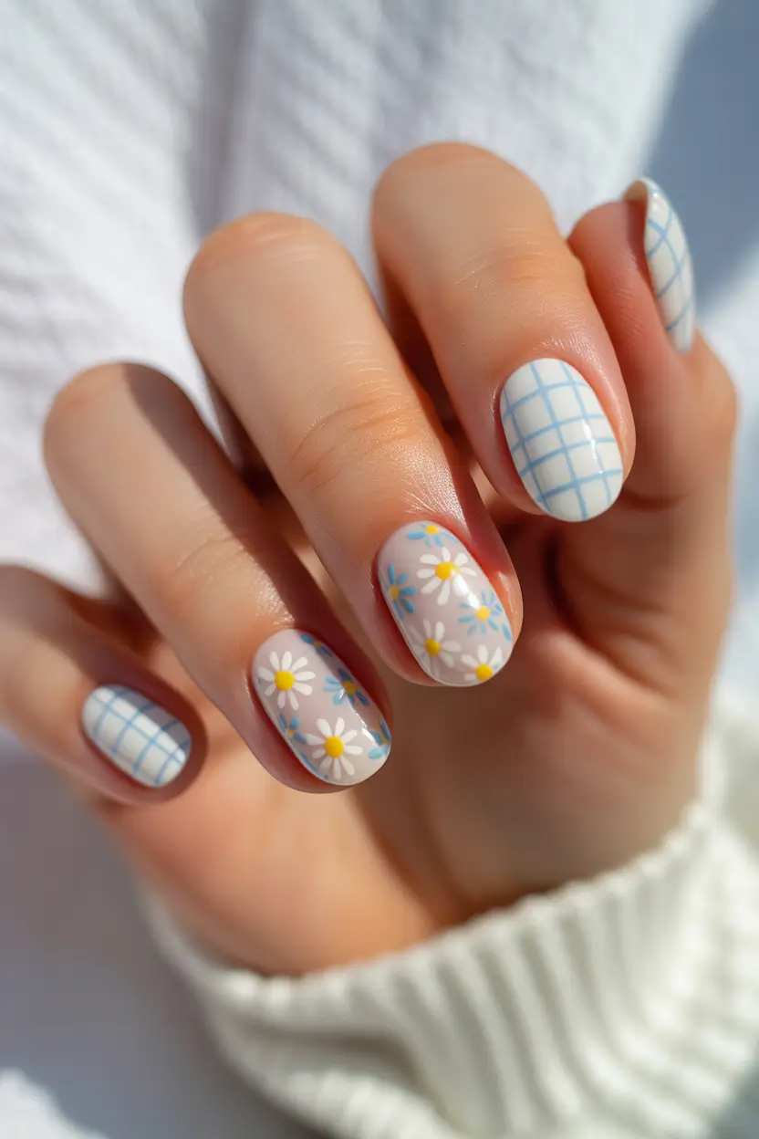 earthy spring nail inspo 2026 Blue gingham daisies for playful short spring nails