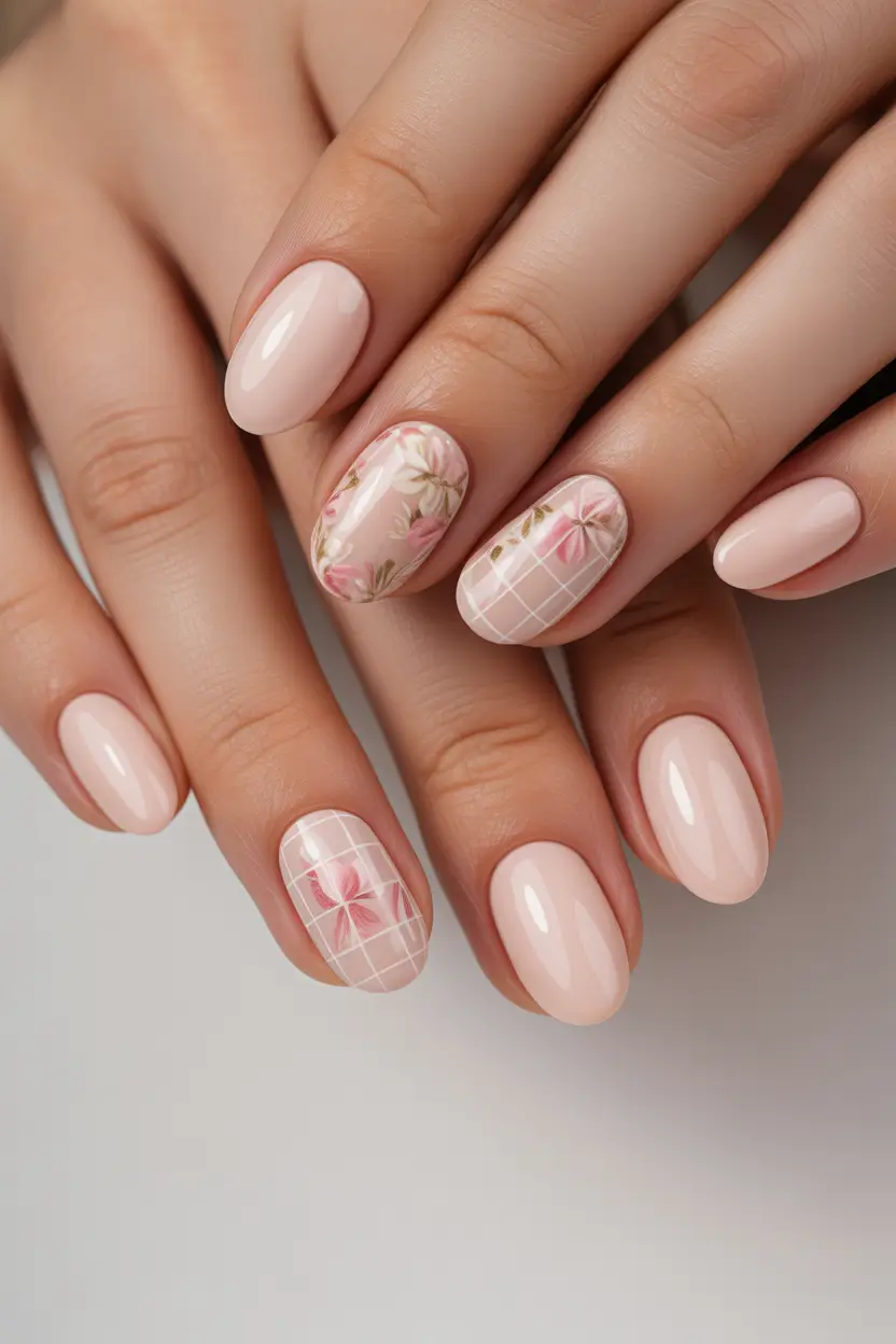 earthy spring nail inspo 2026 Soft blush florals with subtle spring grid details
