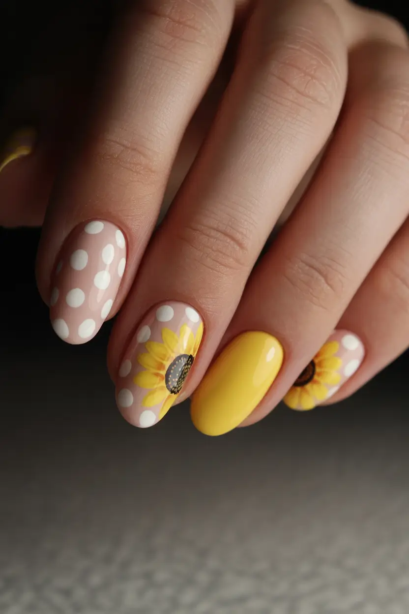 earthy spring nail inspo 2026 Sunny polka dots with bold yellow spring accents