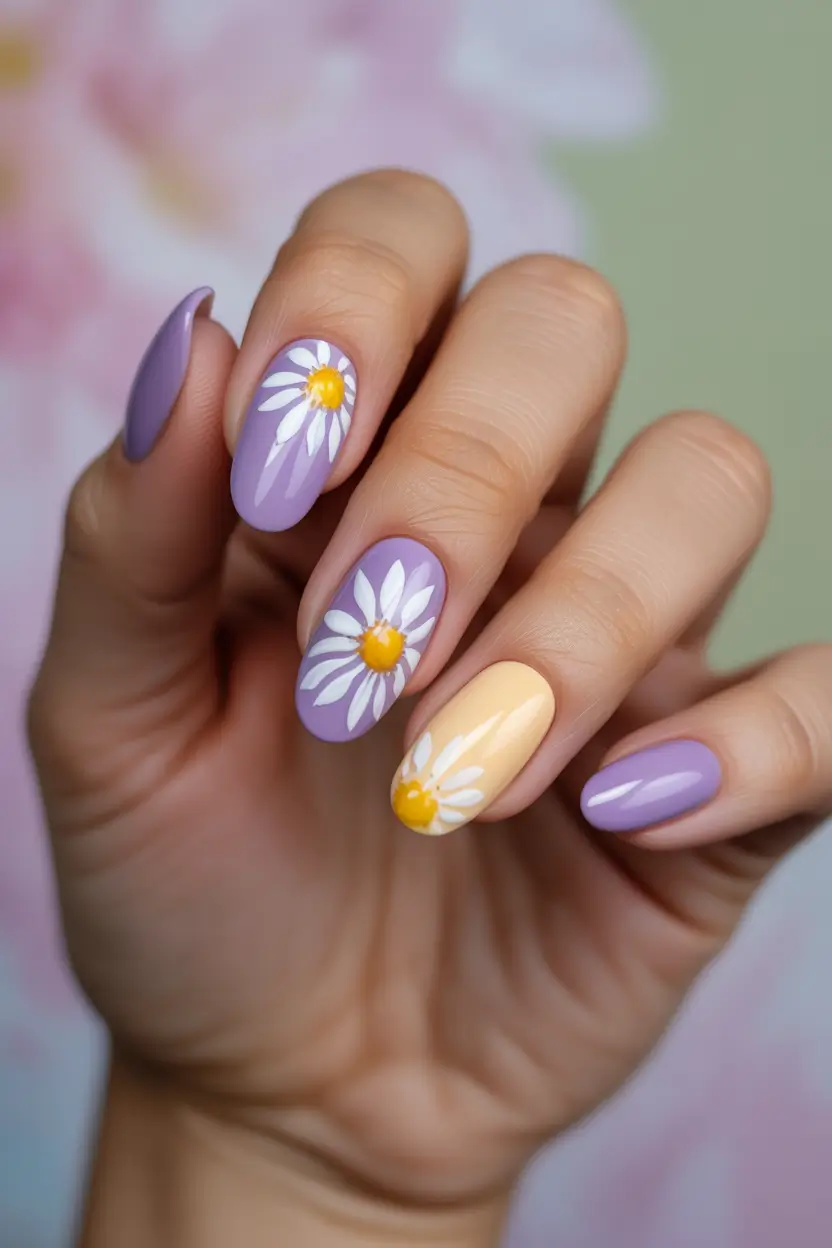 earthy spring nail inspo 2026 Lavender and peach daisies for soft spring almond nails
