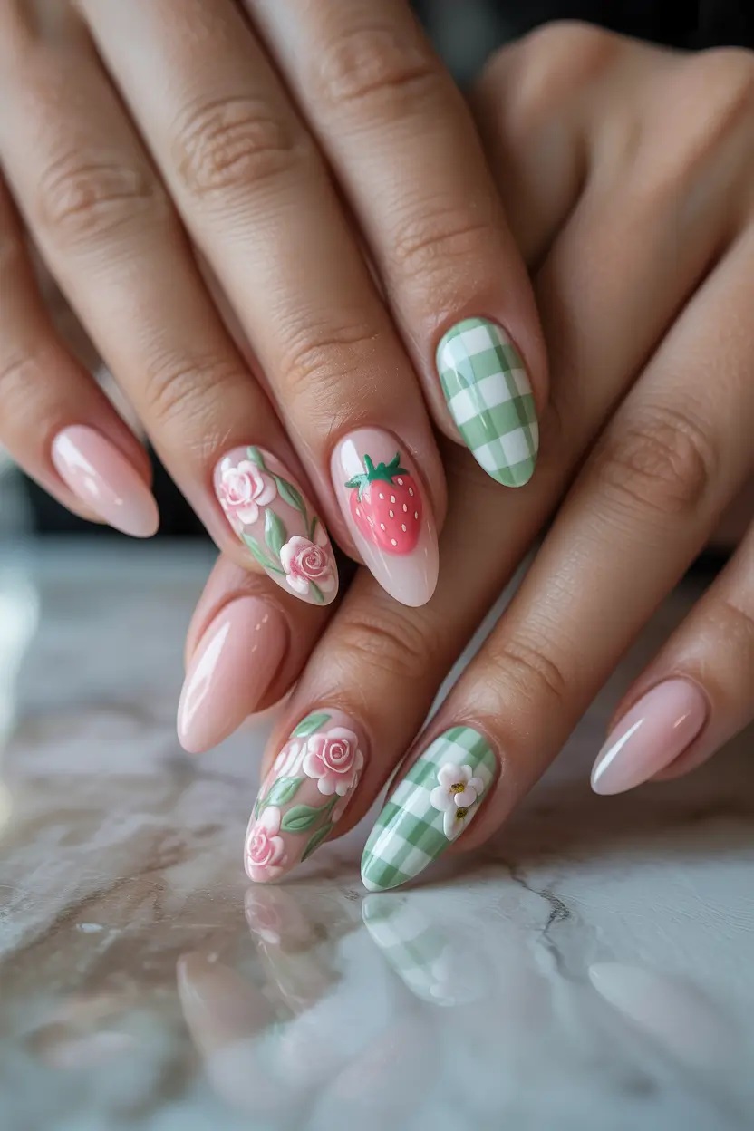 earthy spring nail inspo 2026 Playful garden details with almond spring energy