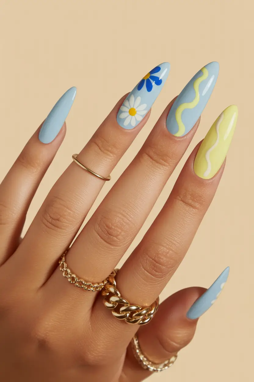 earthy spring nail inspo 2026 Blue and yellow floral waves for bold spring almond looks