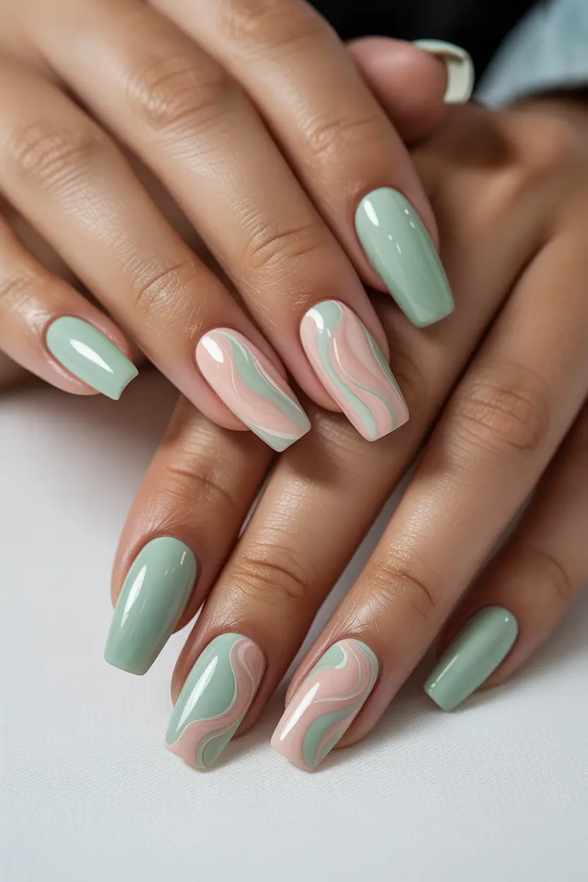 earthy spring nail inspo 2026 Abstract green waves for modern spring acrylics