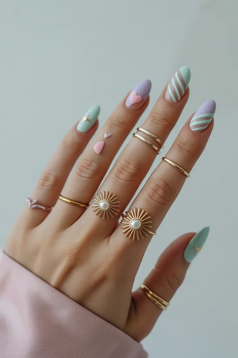 earthy spring nail inspo 2026 Soft mint accents with playful spring geometry