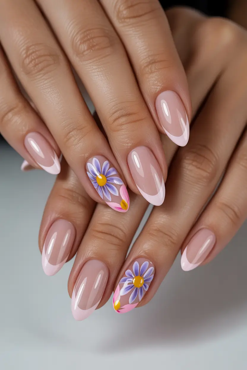 earthy spring nail inspo 2026 Delicate florals on almond nails with a clean spring base