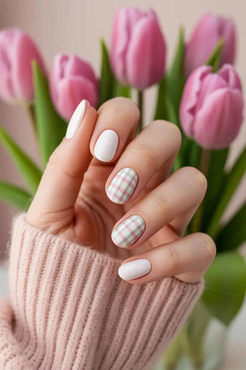 earthy spring nail inspo 2026 Fresh gingham details for short square spring nails