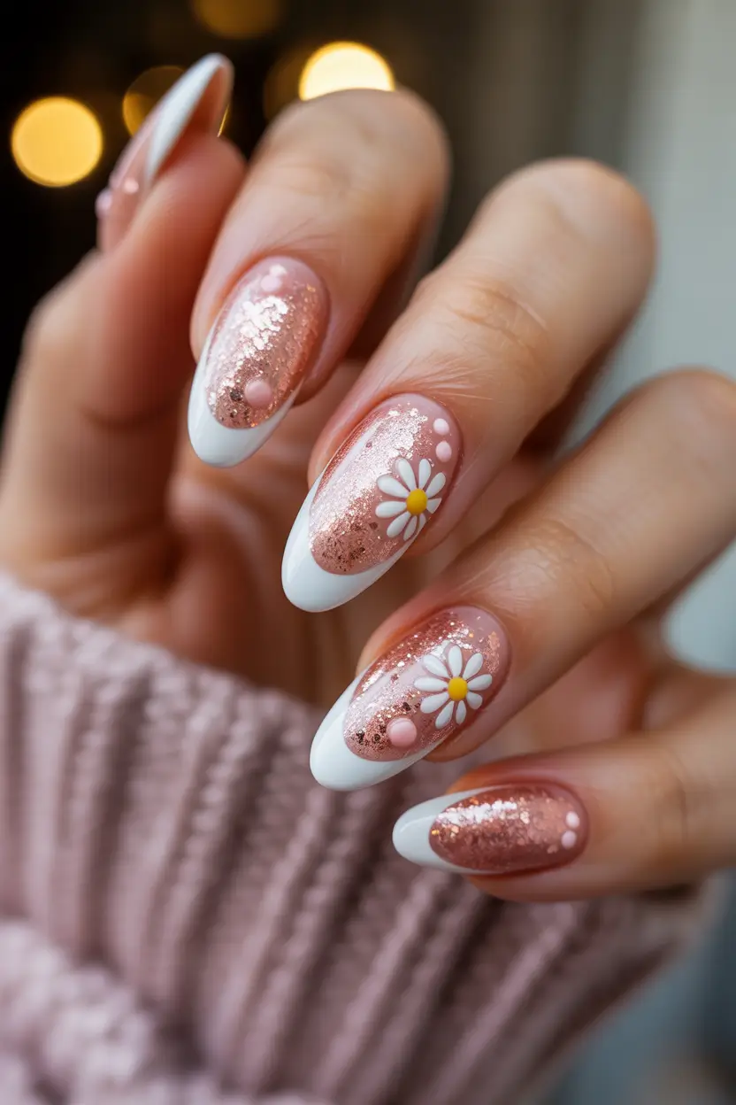 earthy spring nail inspo 2026 Soft shimmer florals with a subtle spring glow