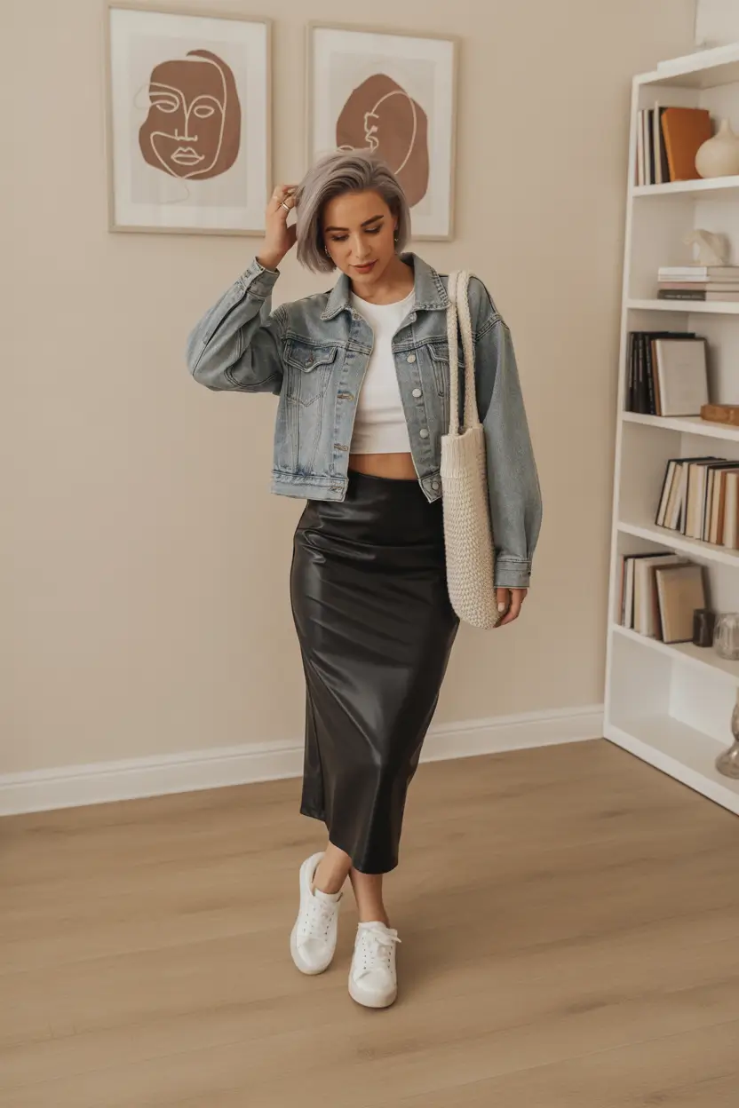 fresh casual spring outfits 2026 denim skirt style