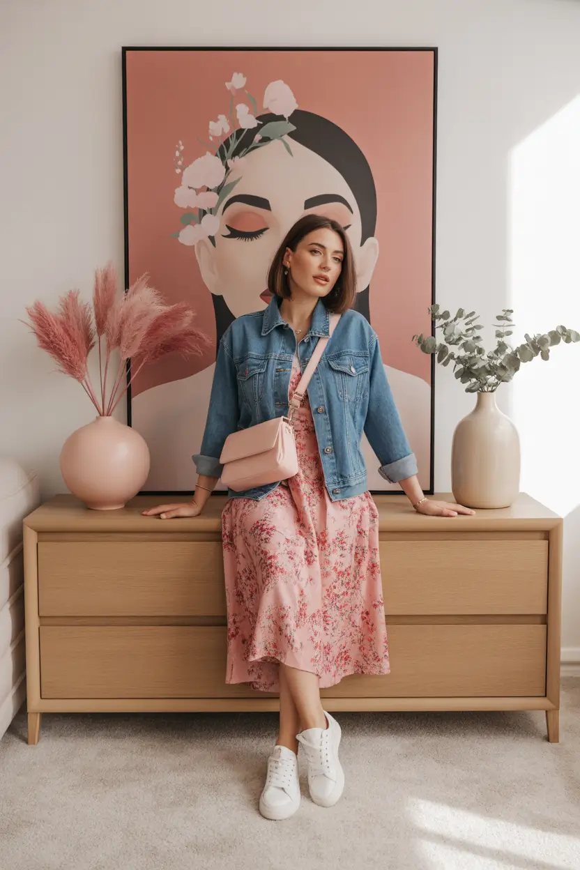 fresh casual spring outfits 2026 denim jacket dress